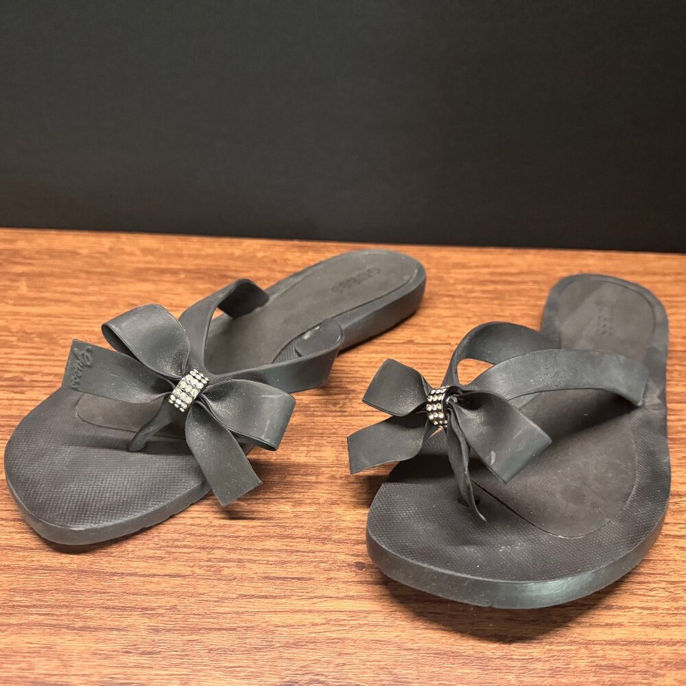 Guess Black Jelly Flip Flops with Bow & Rhinestones Size 9